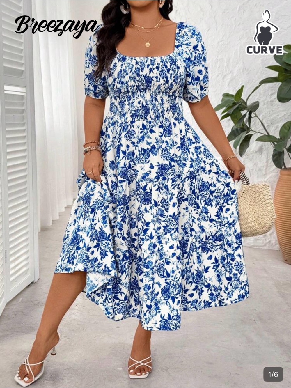 SHEIN Blue and White Floral Midi Dress